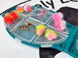Lively Legz Barbless/ Tungsten “Rainbow and Stocked Trout” Turtle Pocket Fly Box  (24 Total Flies- 22  Barbless Flies 2 Barbed Iron Mikes)
