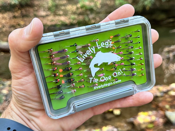 Lively Legz Barbless/ Tungsten Slim Euro Nymph Box (74 Barbless Euro Jig Flies)
