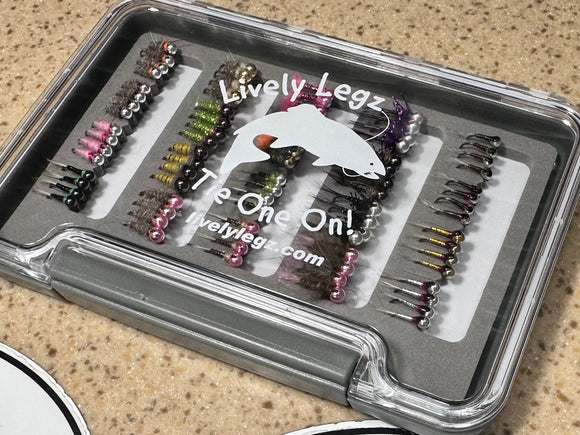 Lively Legz Barbless/ Tungsten Euro Nymph Box (Small Slim Box Preloaded with 80 Euro Nymph Fast Water Series Jig Flies)